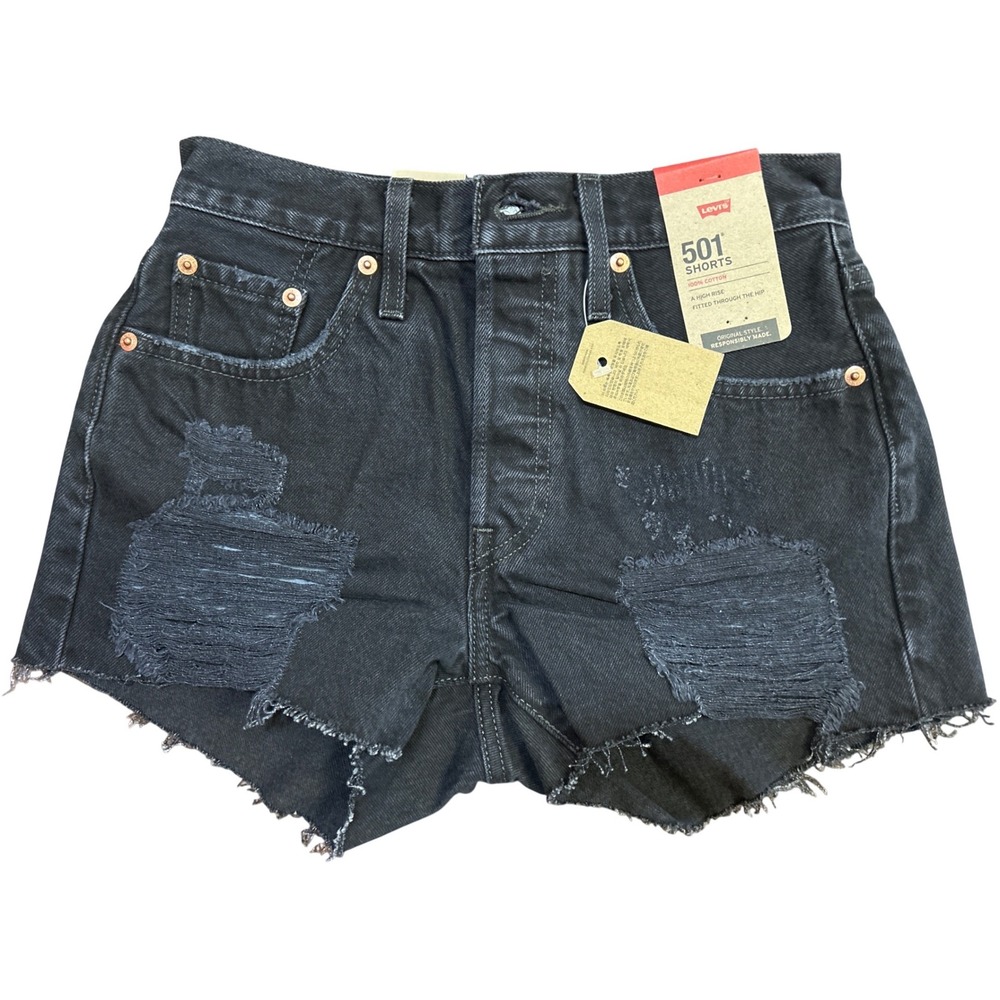 Levis 501 Original High‎ Rise Distressed Denim Shorts Washed Black Womens 25 NEW